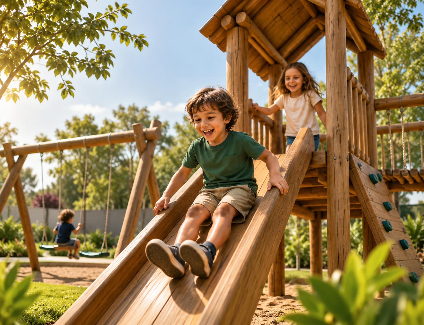 Crianças brincando em playground de madeira